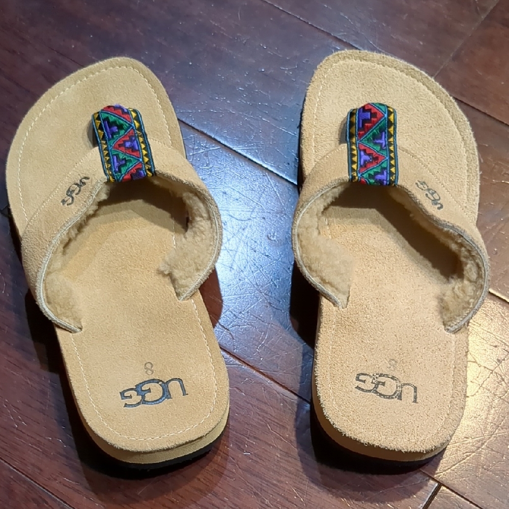 UGG Tan Sandals with Colorful Strap